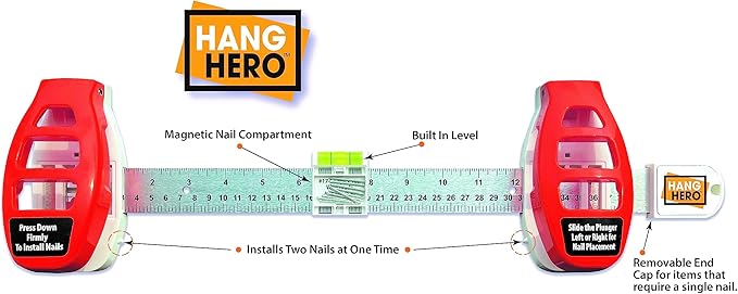 Hang Hero - All in One Picture Hanging System! Measures Frame, Levels and Inserts Nails at The Perfect Depth and Angle.
